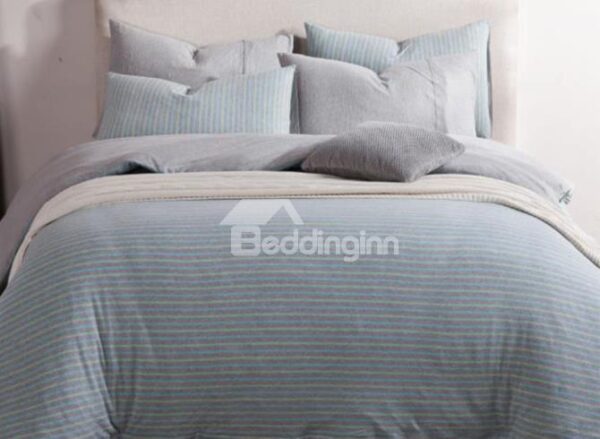 New Arrival Sweet Light Green Stripes Print Kintting Cotton Bedding Sets with Fitted Sheet