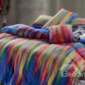 Stylistic Colorful Stripes Print Kintting Bedding Sets with Fitted Sheet