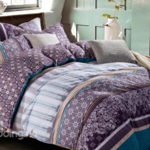 Elegant Purple and Blue Floral Patterns Kintting Bedding Sets with Fitted Sheet