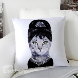New Arrival Lovely Audrey Hepburn Cat Print White Throw Pillowcase