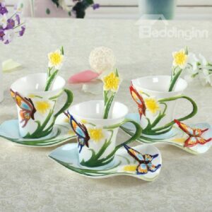New Arrival Beautiful Butterfly and Flower Style Enamel Porcelain Coffee Cup Sets