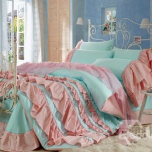Lovely Blue Color Pink Chiffon Floral Borders Cinderella 4-Piece Duvet Cover Sets