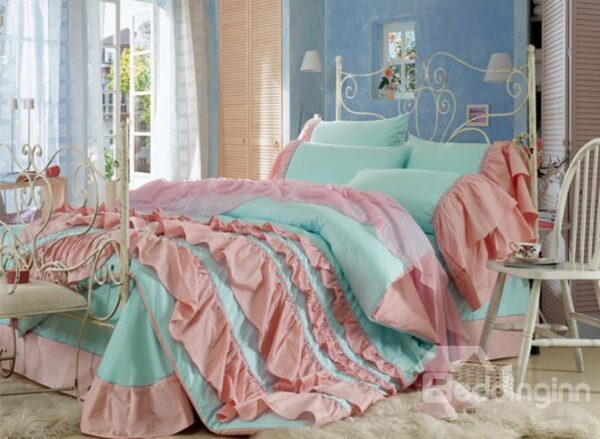 Lovely Blue Color Pink Chiffon Floral Borders Cinderella 4-Piece Duvet Cover Sets