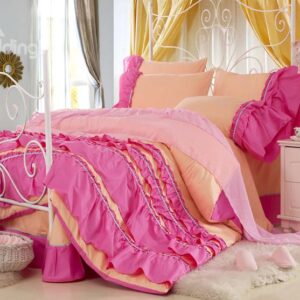 New Arrival Lovely Yellow Color Rose Chiffon Floral Borders Bed-skirt 4 Piece Bedding Sets