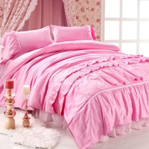 New Arrival Beautiful All Pink Floral Borders Chiffon Bed-skirt 4 Piece Bedding Sets