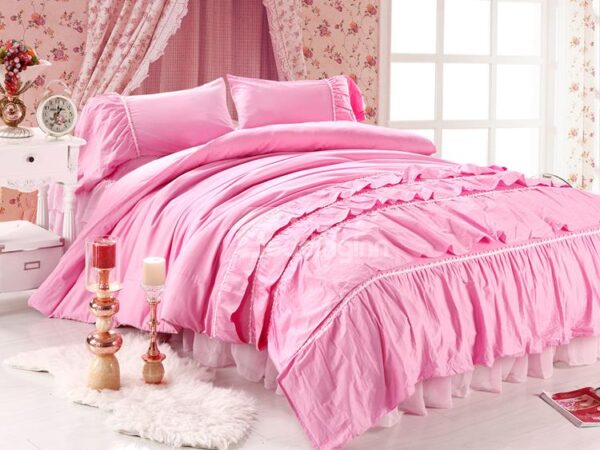 New Arrival Beautiful All Pink Floral Borders Chiffon Bed-skirt 4 Piece Bedding Sets
