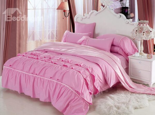 New Arrival Beautiful All Pink Floral Borders Chiffon 4 Piece Bedding Sets