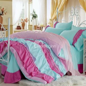 High Quality Beautiful Blue Color Rose Floral Borders Chiffon Bed-skirt 4 Piece Bedding Sets
