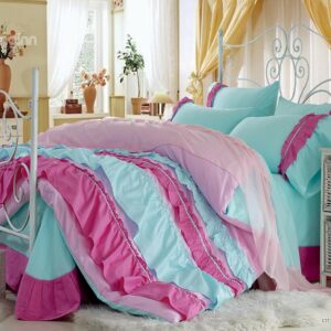 High Quality Beautiful Blue Color Rose Floral Borders Chiffon 4 Piece Bedding Sets