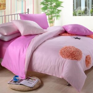 New Arrival Lovely Pink Color Flower Applique Design 6 Piece Bedding Sets