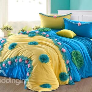 New Arrival Lovely Yellow Color Blue Floral Borders Flower Applique Design 6 Piece Bedding Sets