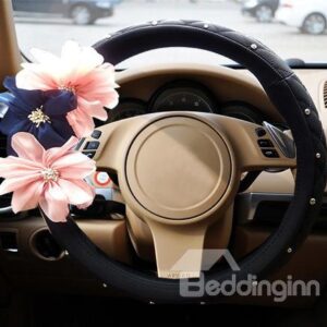 New Arrival Beautiful Flowers Fashion Drill Black PU Sterring Wheel Cover