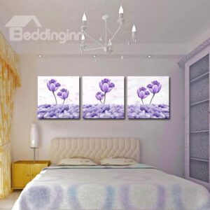 New Arrival Beautiful Purple Lotus and Cobblestones Print 3-piece Cross Film Wall Art Prints