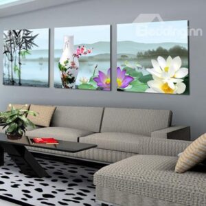 New Arrival Lovely Lifelike Lotus and Vase Print 3-piece Cross Film Wall Art Prints
