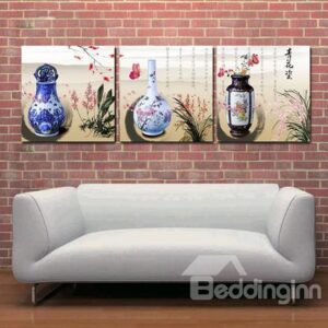New Arrival Elegant Blue and White Porcelain and Letters Print 3-piece Cross Film Wall Art Prints