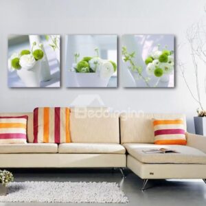 New Arrival Beautiful White and Green Flowers in the Vase Print 3-piece Cross Film Wall Art Prints