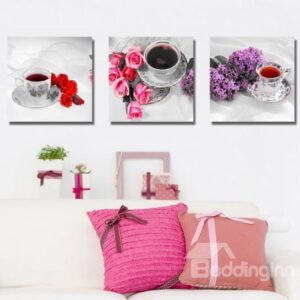 New Arrival Elegant Tea Cup Sets and Flowers Print 3-piece Cross Film Wall Art Prints