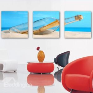 New Arrival Lovely Drift Bottle on the Sandbeach Print 3-piece Cross Film Wall Art Prints