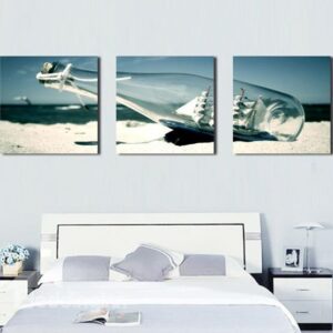 New Arrival Beautiful Sailing Ship in Drift Bottle Print 3-piece Cross Film Wall Art Prints
