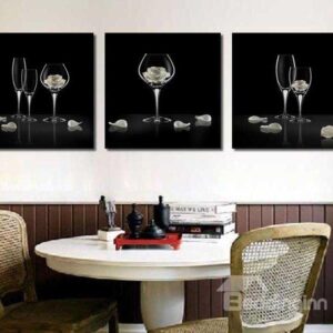 New Arrival Beautiful Wine Glasses and Roses Print 3-piece Cross Film Black Wall Art Prints