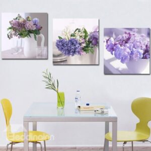 New Arrival Beautiful Purple Flowers in the Vase Print 3-piece Cross Film Wall Art Prints