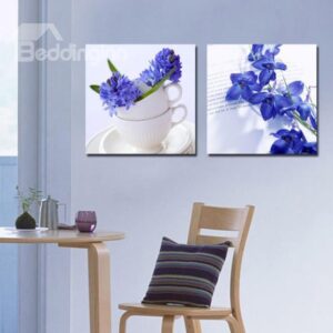 New Arrival Elegant Blue Flowers and White Cups Print 2-piece Cross Film Wall Art Prints
