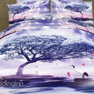 High Quality Light Purple Crane Under Tree Print 4 Piece Polyester 3D Bedding Sets