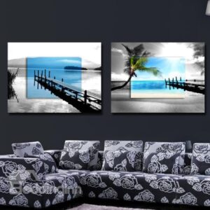 New Arrival Elegant Blue and Grey Beach Scenery Print 2-piece Cross Film Wall Art Prints