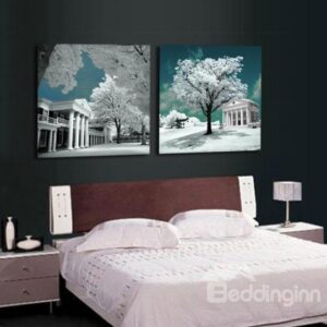 New Arrival Beautiful White Palaces and Trees Print 2-piece Cross Film Wall Art Prints