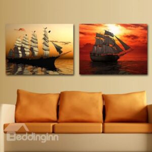 New Arrival Beautiful Sailing Ships in the Sunset Print 2-piece Cross Film Wall Art Prints