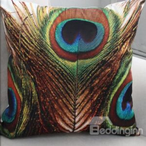 New Arrival Beautiful Brown and Green Peacock Feathers Print Throw Pillow