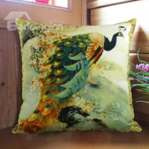New Arrival Classical Stunning Peacock and Flowers Print Throw Pillowcase