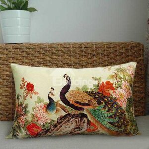 New Arrival Beautiful Peacocks and Colorful Flowers Print Throw Pillowcase