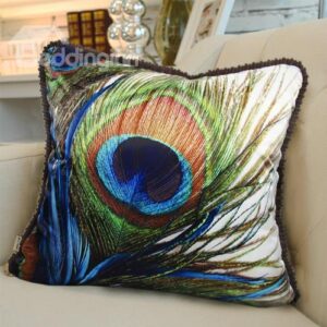 New Arrival Luxurious Peacock Feather Print Blue Throw Pillowcase