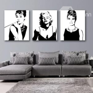 New Arrival Beautiful Marilyn Monroe and Audrey Hepburn Print 3-piece Cross Film Black Wall Art Prints