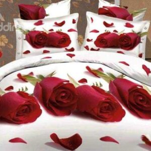 New Arrival Gorgeous Red Roses and Scattered Petals Print 4 Piece Bedding Sets