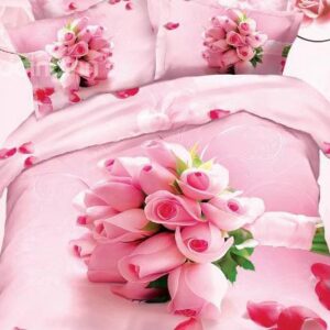 New Arrival Beautiful Pink Rose Bouquet Print 4 Piece Bedding Sets