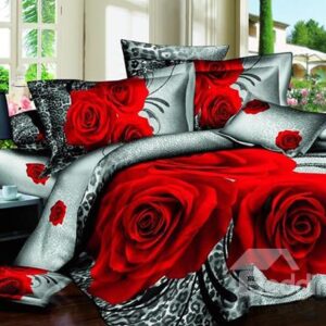 New Arrival Beautiful Red Rose and Leopard Print 4 Piece Bedding Sets