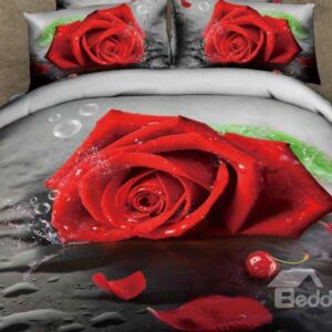 New Arrival Amazing Red Rose and Cherry Print 4 Piece Bedding Sets