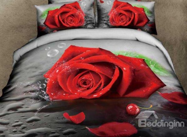 New Arrival Amazing Red Rose and Cherry Print 4 Piece Bedding Sets