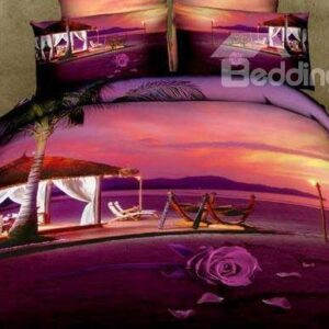 New Arrival Romantic Rose and Beach Huts Print 4 Piece Bedding Sets