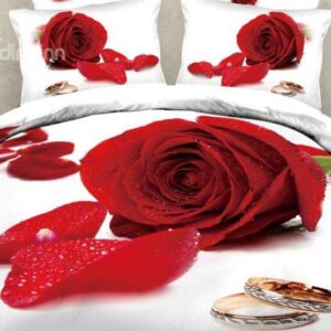 New Arrival Beautiful Red Rose and Ring Print 4 Piece Bedding Sets