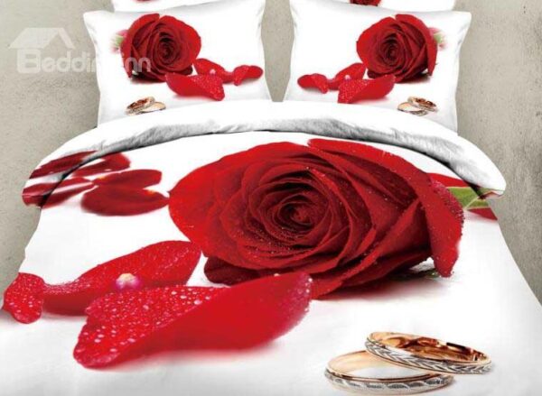 New Arrival Beautiful Red Rose and Ring Print 4 Piece Bedding Sets