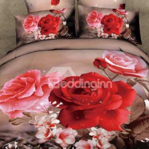 New Arrival Beautiful Red and Pink Flowers Print 4 Piece Bedding Sets