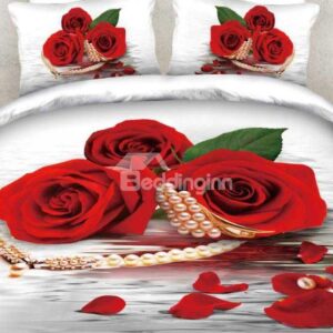 New Arrival Beautiful Red Rose and Pearl Necklace Print 4 Piece Bedding Sets