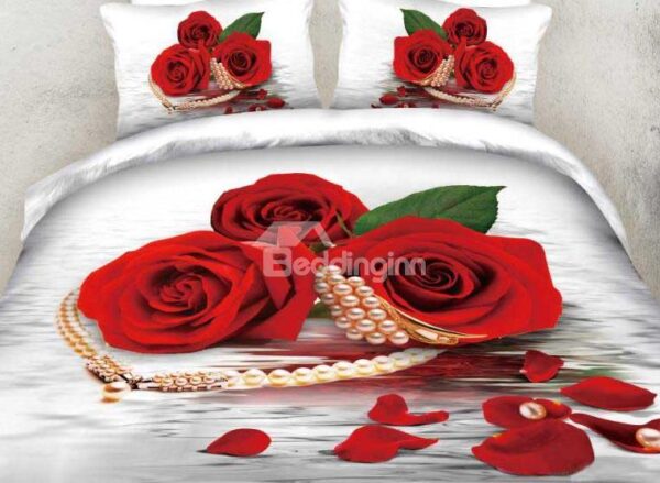 New Arrival Beautiful Red Rose and Pearl Necklace Print 4 Piece Bedding Sets