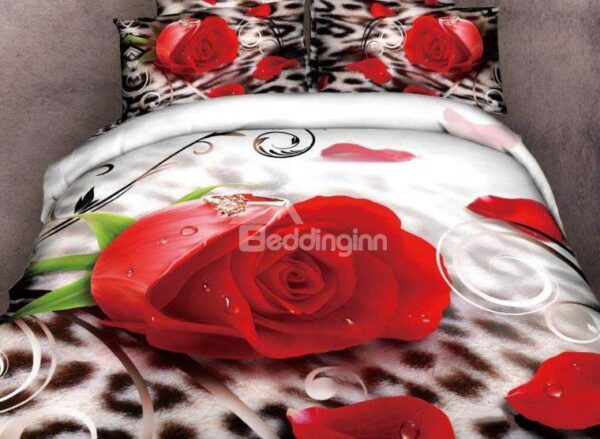 New Arrival Beautiful Rose and Diamond Ring Print 4 Piece Bedding Sets