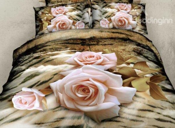 New Arrival Elegant Light Pink Rose Print 4 Piece Bedding Sets