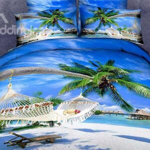 New Arrival Beautiful Sand Beach and Coconut Palm Print 4 Piece Bedding Sets