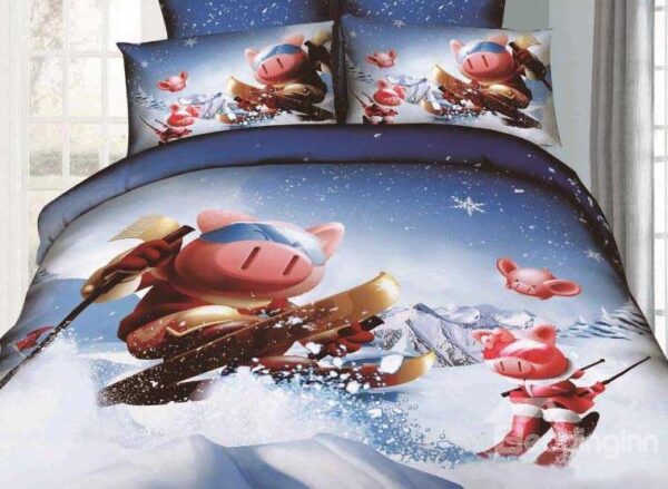 New Arrival Lovely Skiing Cartoon Pigs Print 4 Piece Bedding Sets
